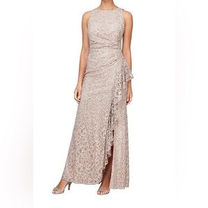 Alex Evening’s size 6, champagne color, lace and sequin, gown.